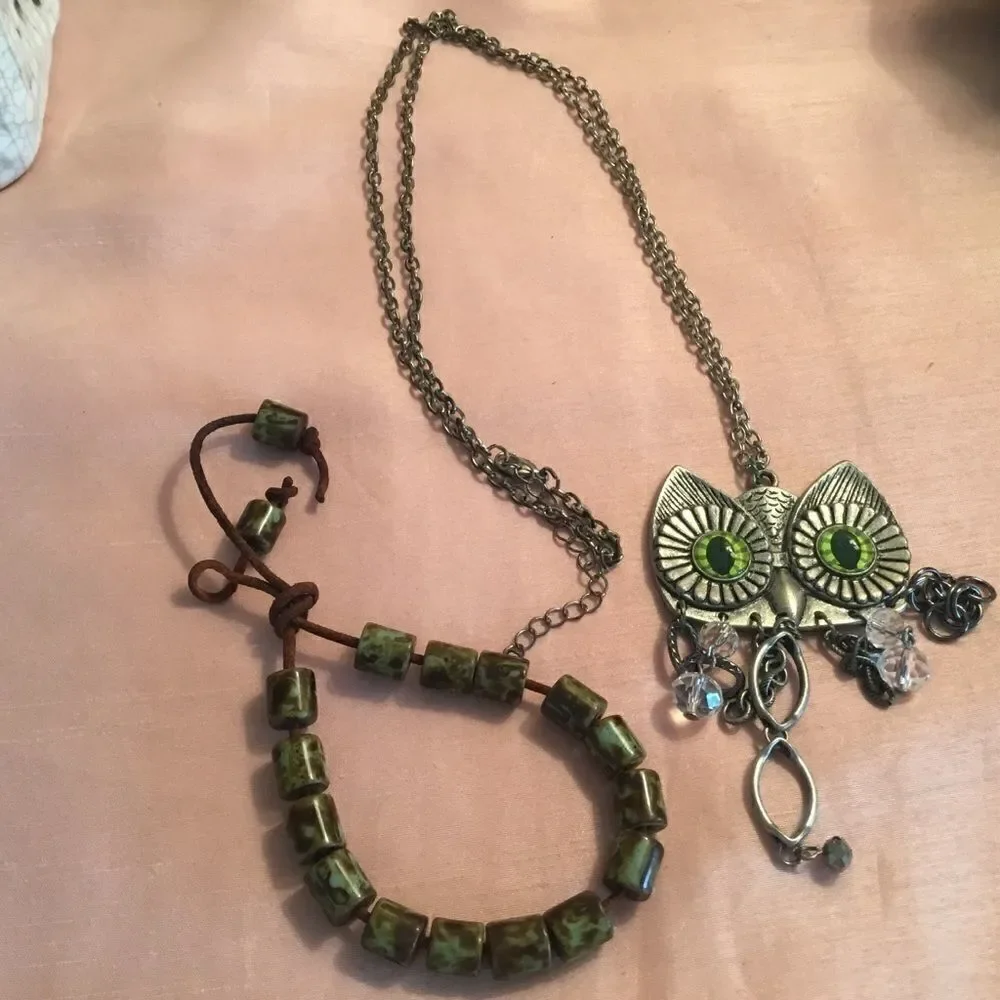 Pewter tone Owl Pendant and Bracelet